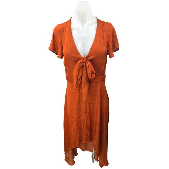 NEW Francesca's Blue Rain Orange Satin Tie Front High-Low Midi A-Line Dress Sz L - Picture 1 of 5